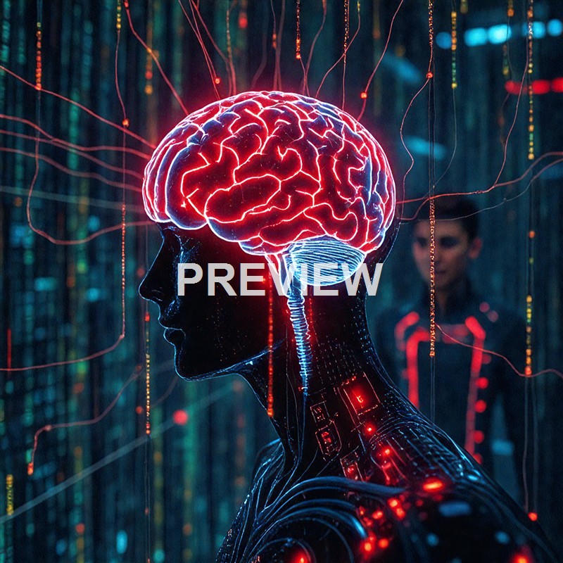 A digital illustration of a human profile with a glowing, neon-lit brain and circuitry, set against a background of binary code and data streams.